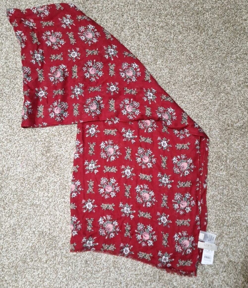 NWT LOFT Floral Print Rectangular Scarf/Wrap 72" x 28" Red/Floral 100% Modal